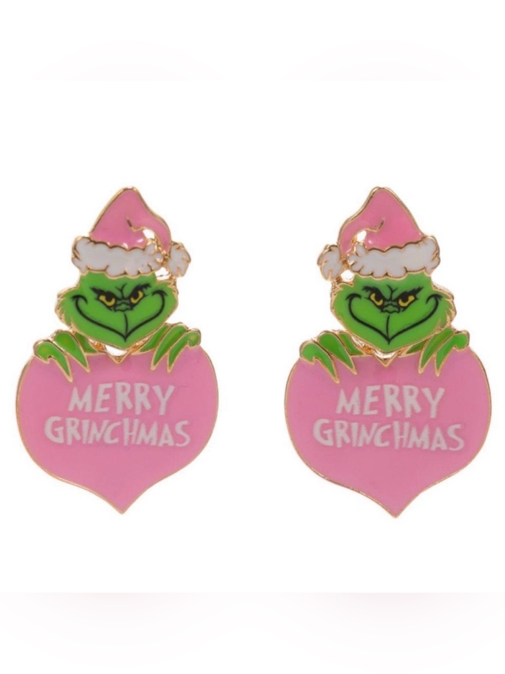 Grinch Who Stole Christmas Lite Pink Heart Santa Claus Hat Enamel 1.75" Earrings